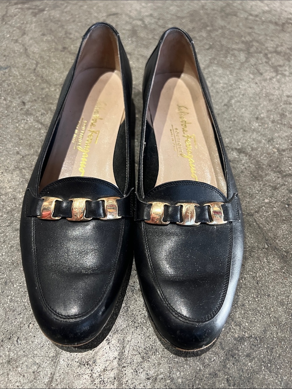 Salvatore Ferragamo Black Leather Loafers with Gold Chain Accent